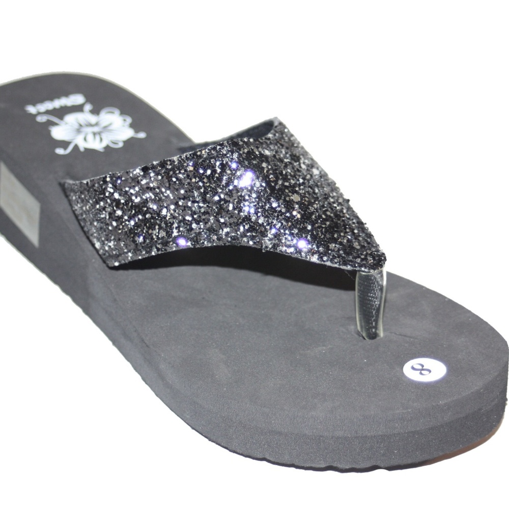 Sweet Glitter Black Wedge Flip Flop Sandals Black
